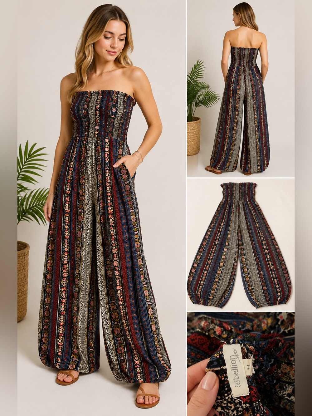 RebellionBoho Strapless Wide Leg Jumpsuit – Size M